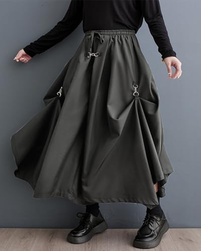 ellazhu Women's Oversized Irregular Drop Crotch Harem Hakama Pleated Drawstring Pants GZ116 Grey - Image 2