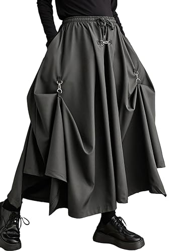 ellazhu Women's Oversized Irregular Drop Crotch Harem Hakama Pleated Drawstring Pants GZ116 Grey - Image 4