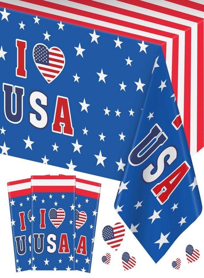 PERFQU 3 Pack 4th of July Tablecloth - I LOVE USA Patriotic Table Cloth, Red White Blue Disposable Plastic American Flag Table Cover for Fourth of July Independence Day Decorations Party Supplies,54x108 Inch - Image 1