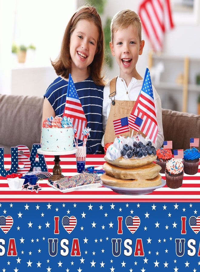 PERFQU 3 Pack 4th of July Tablecloth - I LOVE USA Patriotic Table Cloth, Red White Blue Disposable Plastic American Flag Table Cover for Fourth of July Independence Day Decorations Party Supplies,54x108 Inch - Image 2