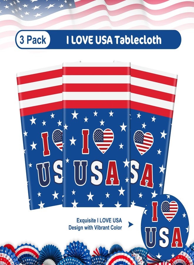 PERFQU 3 Pack 4th of July Tablecloth - I LOVE USA Patriotic Table Cloth, Red White Blue Disposable Plastic American Flag Table Cover for Fourth of July Independence Day Decorations Party Supplies,54x108 Inch - Image 5