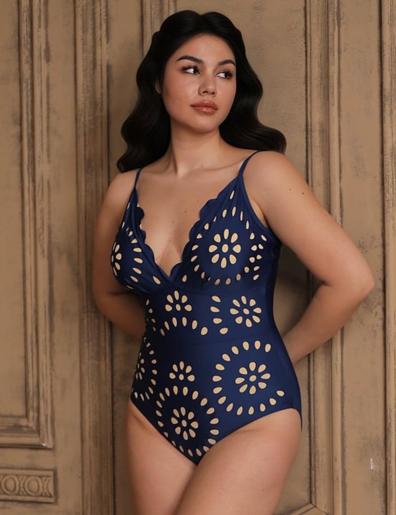 FLAXMAKER Women's One Piece Bathing Suit Petal Hollow V Neck Swimsuit and Skirt(Blue,M) - Image 3