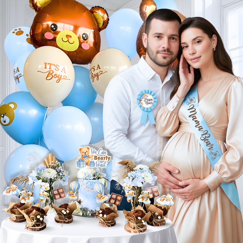 RainMeadow Premium 95 Pc We Can Bearly Wait Baby Shower Decorations Kit for Boy - Backdrop Banner Balloons Pom Poms Cake Toppers Blue - Teddy Bear Baby Shower Decorations - Image 3
