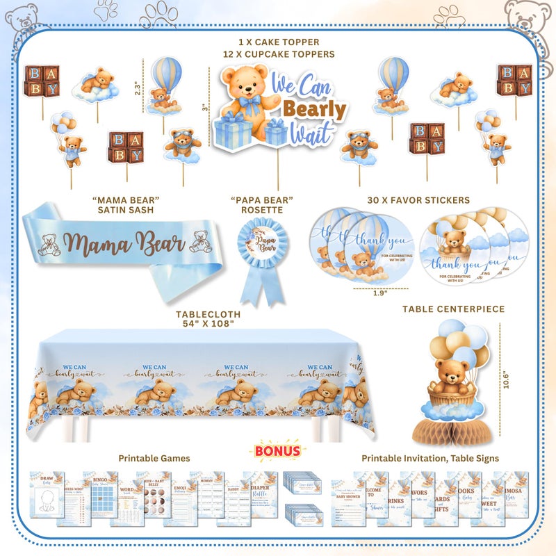 RainMeadow Premium 95 Pc We Can Bearly Wait Baby Shower Decorations Kit for Boy - Backdrop Banner Balloons Pom Poms Cake Toppers Blue - Teddy Bear Baby Shower Decorations - Image 5