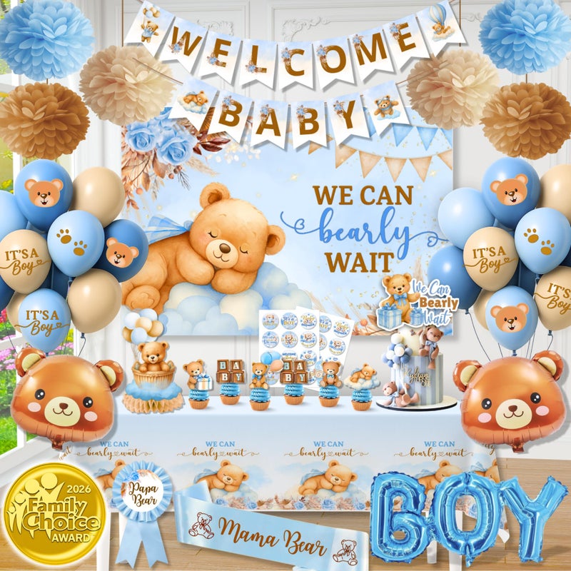RainMeadow Premium 95 Pc We Can Bearly Wait Baby Shower Decorations Kit for Boy - Backdrop Banner Balloons Pom Poms Cake Toppers Blue - Teddy Bear Baby Shower Decorations - Image 1