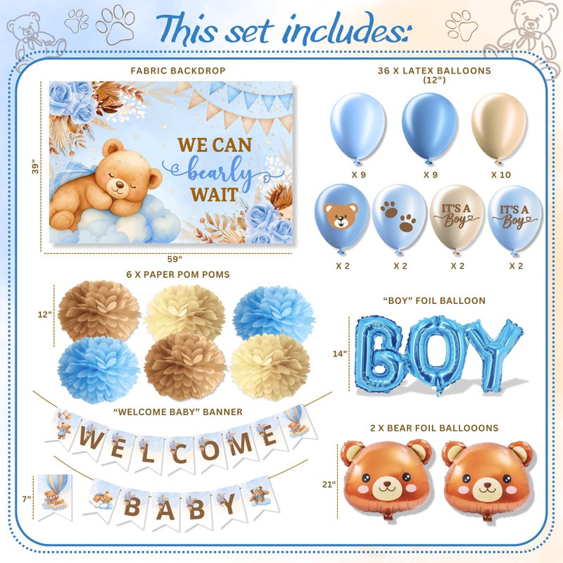RainMeadow Premium 95 Pc We Can Bearly Wait Baby Shower Decorations Kit for Boy - Backdrop Banner Balloons Pom Poms Cake Toppers Blue - Teddy Bear Baby Shower Decorations - Image 4