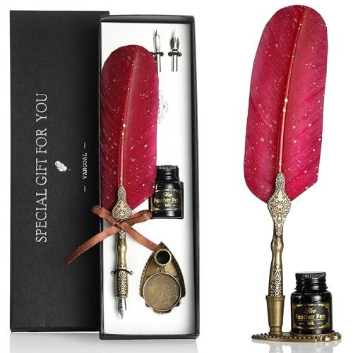 VANGOAL Vintage Carving Feather Pen Set, Glittering Quill Pen Set Antique Calligraphy Writing Dip Pen with Ink, 2 Replacement Nibs, Pen Stand Base, Luxury Vintage Signature Pen (Red) - Image 1