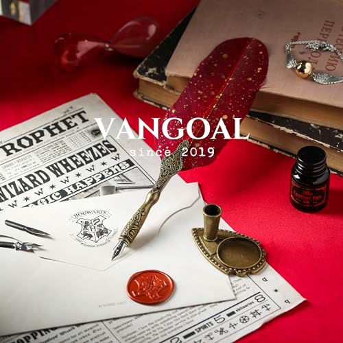 VANGOAL Vintage Carving Feather Pen Set, Glittering Quill Pen Set Antique Calligraphy Writing Dip Pen with Ink, 2 Replacement Nibs, Pen Stand Base, Luxury Vintage Signature Pen (Red) - Image 3