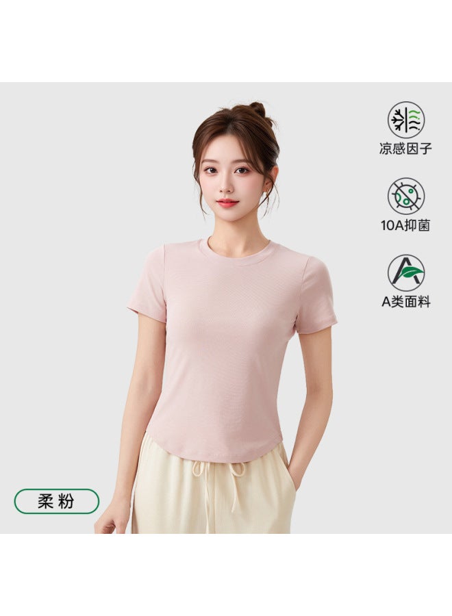 Spring/summer New Tencel Cotton Cool-feel Round Neck Short-sleeve T-shirt Women's 10a Antibacterial Slim-fit Solid Color Versatile Regular Shoulder Top Women's