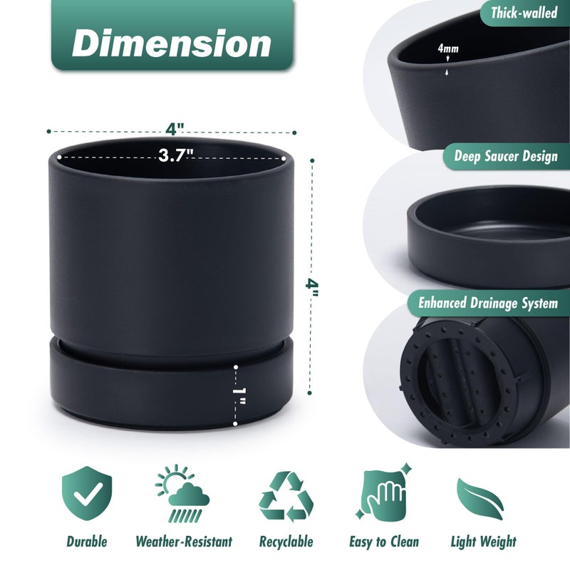 Phoenix Vine 4 Inch Planter Pot with Drainage Hole & Saucer, Deep Water Catch Tray, Straight Cylindrical Round Pot for Plants, Matte Black, Pack of 1, 23-C-R-1 - Image 2