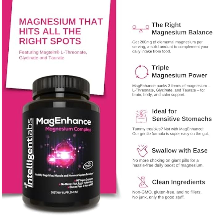 Intelligent Labs MagEnhance Magtein Magnesium Complex Supplement L-Threonate with Magnesium Glycinate and Taurate, 90 Capsules - Image 3
