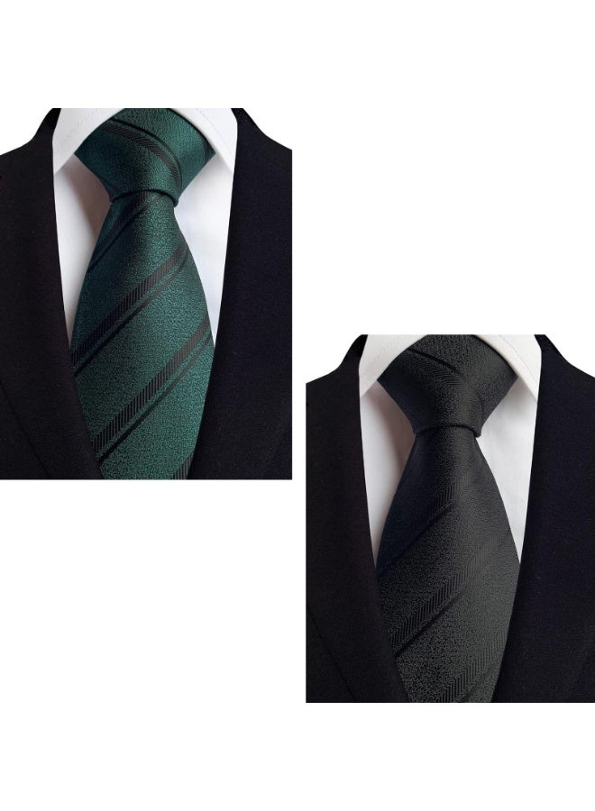 Men's Classic Striped Necktie Set, 146 cm, Black and Green, 2-Pack, Business Formal - Image 4