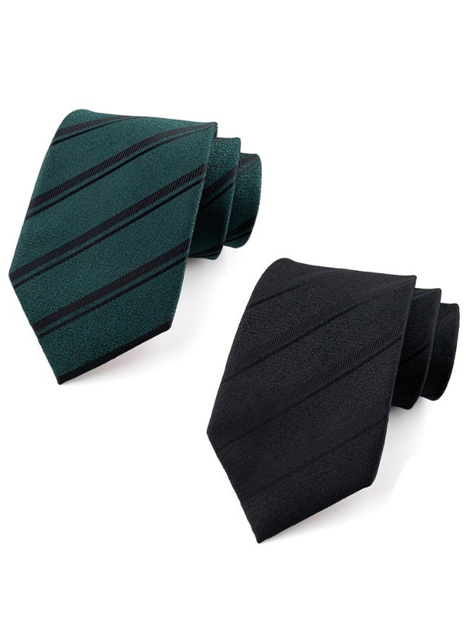 Men's Classic Striped Necktie Set, 146 cm, Black and Green, 2-Pack, Business Formal - Image 1