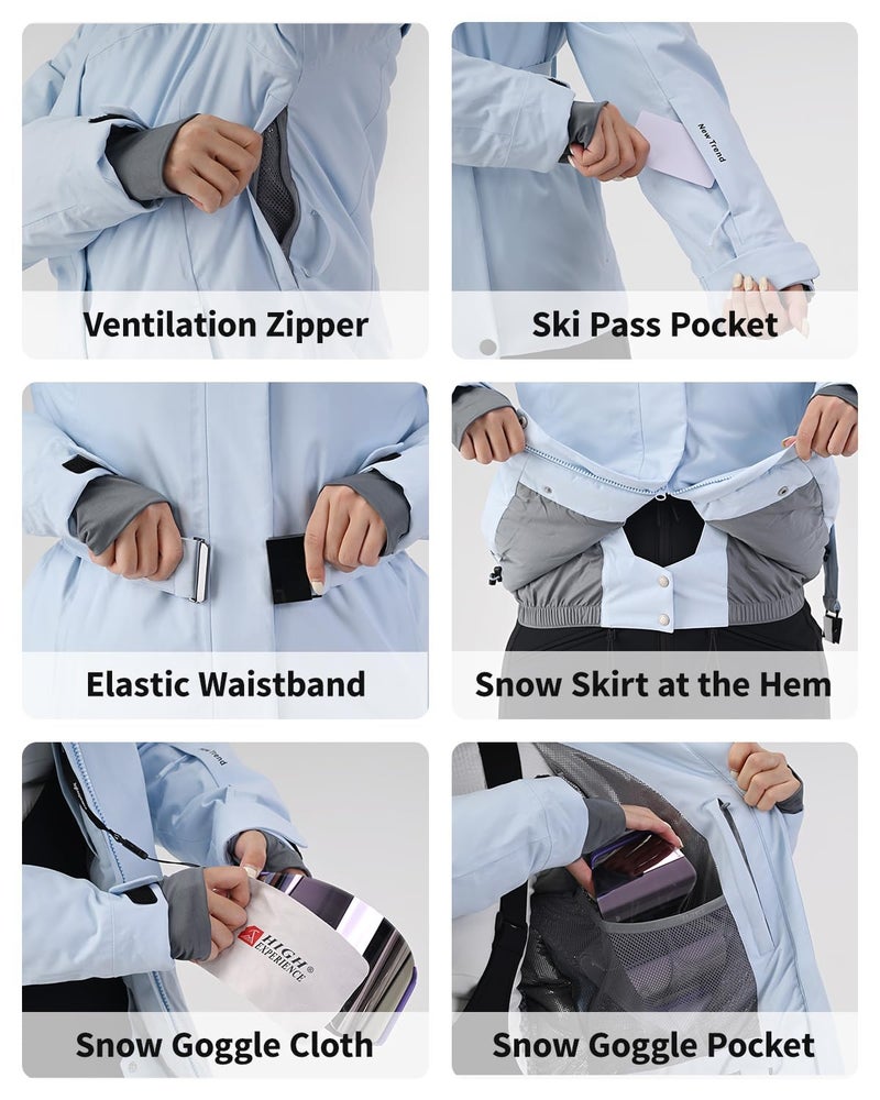 HIGH EXPERIENCE Women's Ski Jacket Snowboard Fitted Slim Belted Snow Coat Warm Winter Mountain Waterproof Windproof Insulated Hooded (US, Alpha, Medium, Regular, Regular, Light Blue) - Image 5