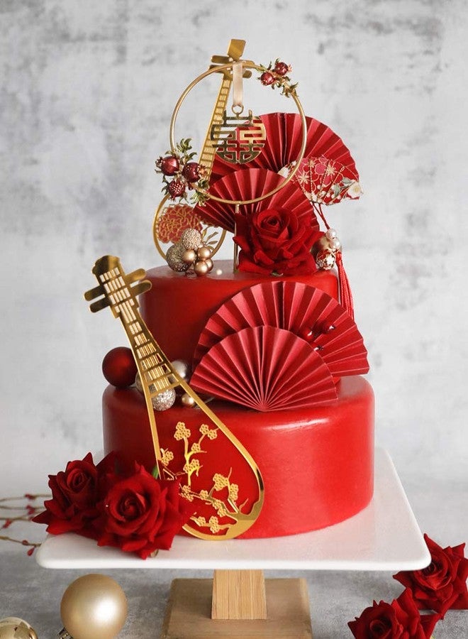 Aprildecember Traditional Wedding Cake Toppers Cake Decorations - Set of 8-2 pcs Lute, 5 pcs Fans and Double Happiness - Image 1