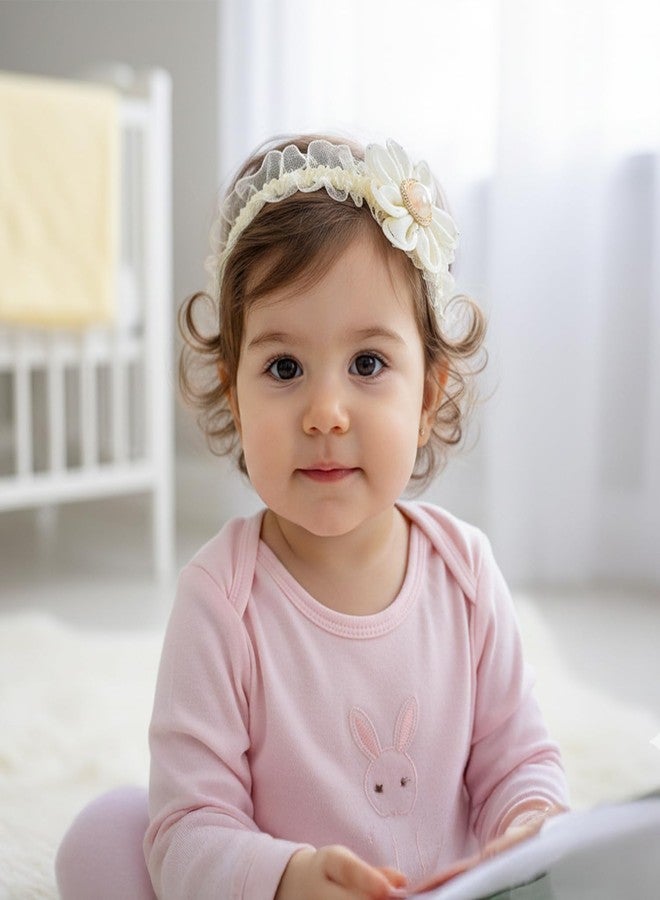 SYGA Baby Girls Soft Elastic Headband Set – Pack of 3 | Lace Flower & Bow Hairbands | Newborn to 3 Years | Comfortable Stretch, Photoshoot, Birthday (STYLE-02) - Image 2
