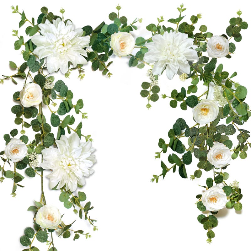 OrgMemory White Flower Garland Eucalyptus Garland Artificial Vine For Wedding Door Decoration Wall Hanging Plant Table Runner Mantle DecorationCamellia Dahlias