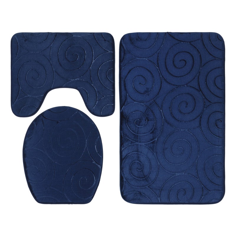 3 PCS Bathroom Mat Set Stone Embossed Toilet Lid Cover Floor Mats Bathtub Side Absorbent Carpets Navy Blue - Image 2
