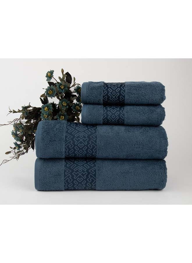 White Rose Towel 4 Piece Bathroom  Set - BLOCKS - 500 GSM - 100% Cotton Terry - Jacquard Border- 2 Bath  70X140 cm & 2 Hand  50x90 cm- Luxury Touch - Extra Absorbent-Blue 