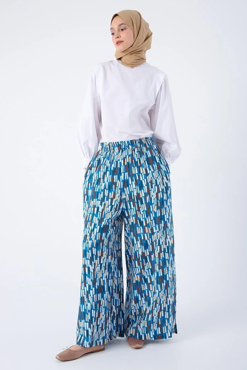 Allday Dark Blue-Ecru-Printed Wide Leg Viscose Linen Trousers with Slit Hem and Elastic Waist