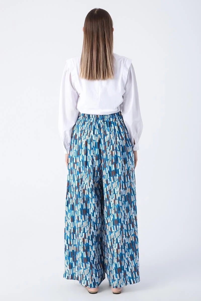 Allday Dark Blue-Ecru-Printed Wide Leg Viscose Linen Trousers with Slit Hem and Elastic Waist