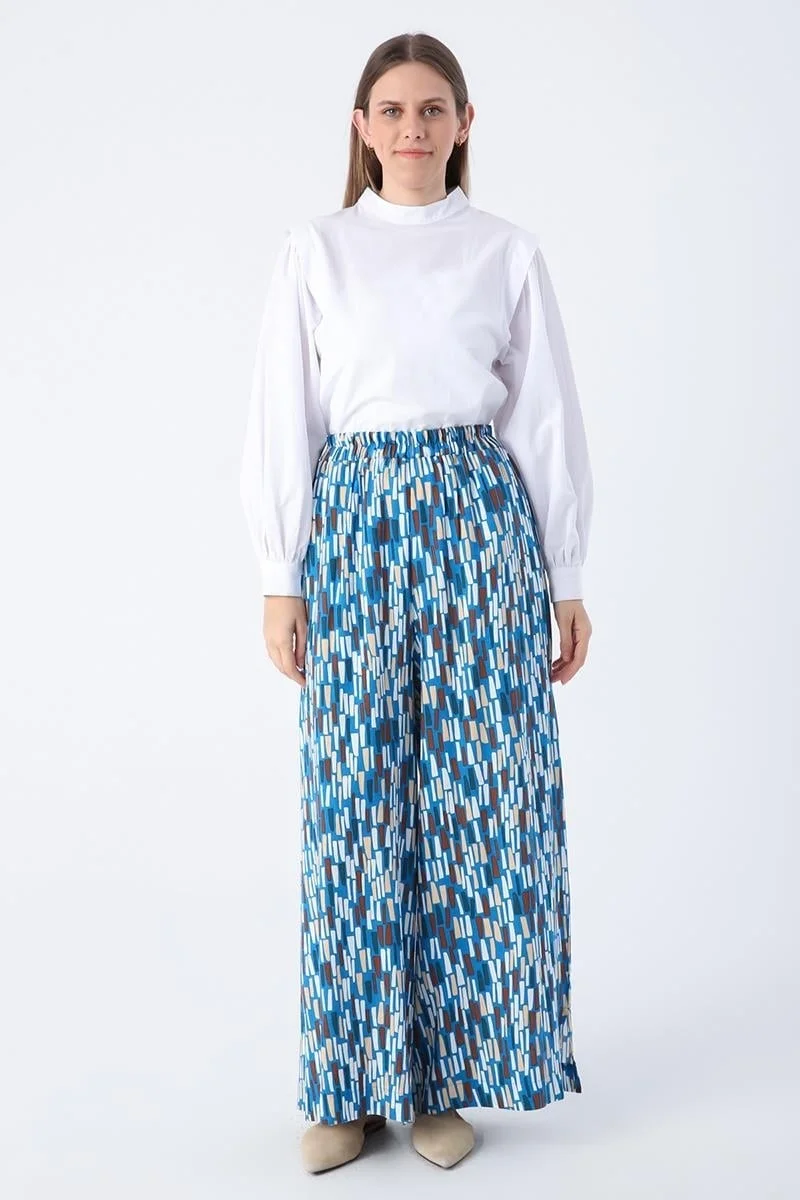 Allday Dark Blue-Ecru-Printed Wide Leg Viscose Linen Trousers with Slit Hem and Elastic Waist
