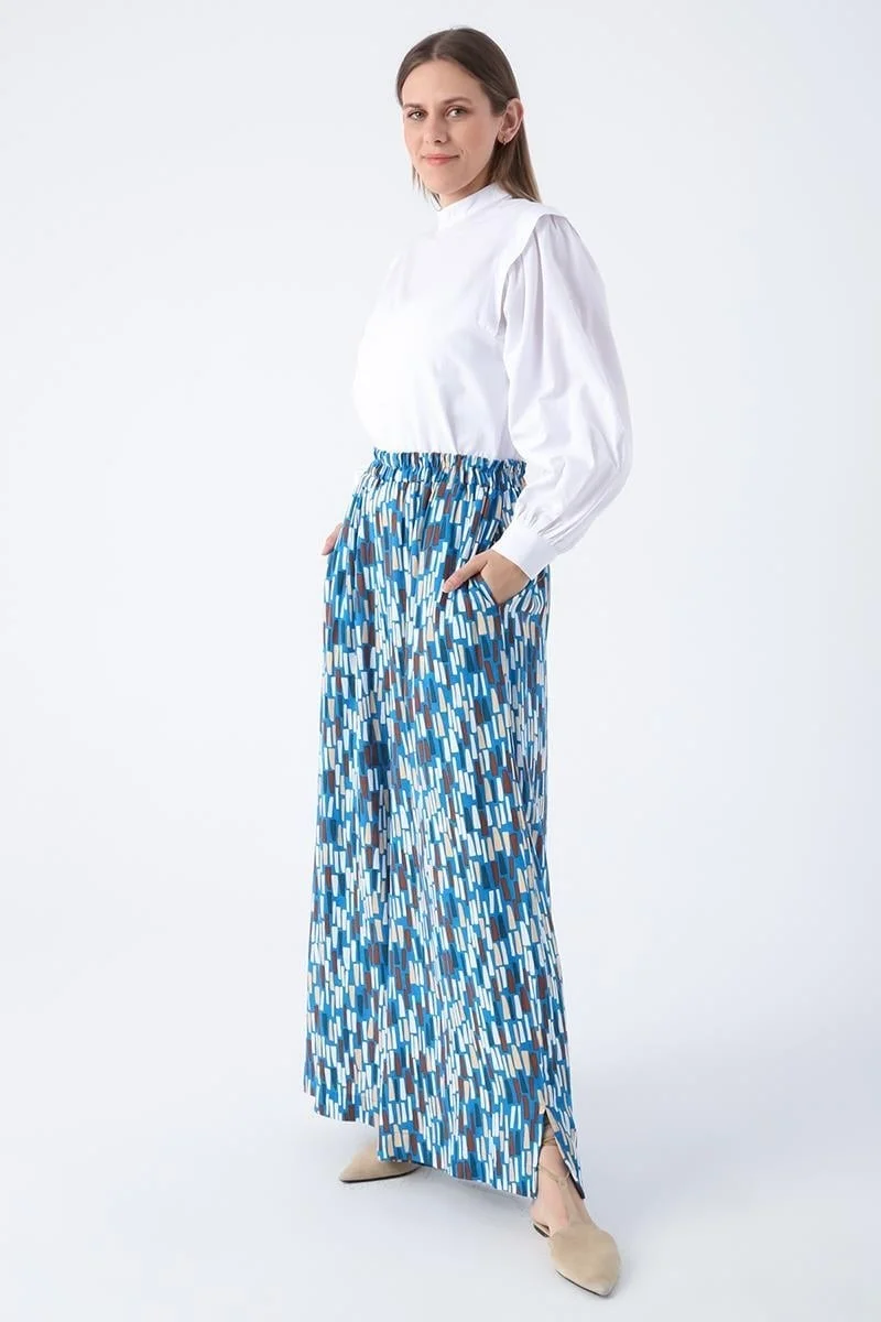 Allday Dark Blue-Ecru-Printed Wide Leg Viscose Linen Trousers with Slit Hem and Elastic Waist