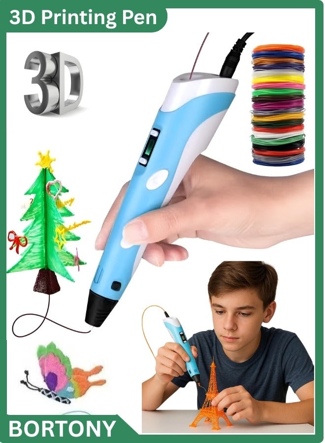 بورتوني قلم ثلاثي الأبعاد مع شاشة LED، قلم طباعة ثلاثي الأبعاد مع شحن USB، عبوات خيوط Pla 3 ألوان، متوافق مع Pla Abs، هدية مثالية للحرف الفنية - Image 1
