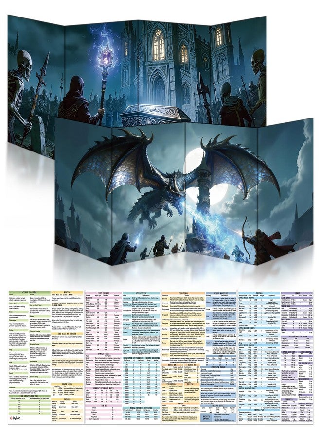 بايهو شاشة Byhoo DM عدد 2 لملحقات D&D 5E DND - طقوس الساحر وحصار برج المراقبة، سطح مقاوم للماء وقابل لإعادة الاستخدام مع حوامل قابلة للتعديل، حجم A4 ثلاثي الطيات محمول متوافق مع قواعد الإصدار الخامس - Image 1
