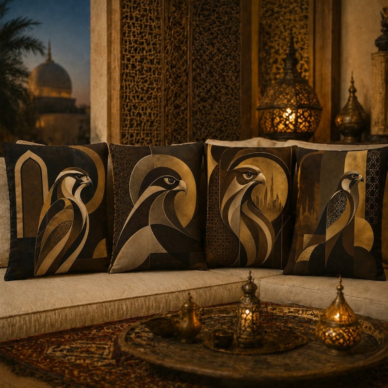 طقم 4 أغطية وسائد فاخرة بتصميم صقر عربي عصري بألوان ذهبية وسوداء لديكور المنزل والأريكة - Image 2