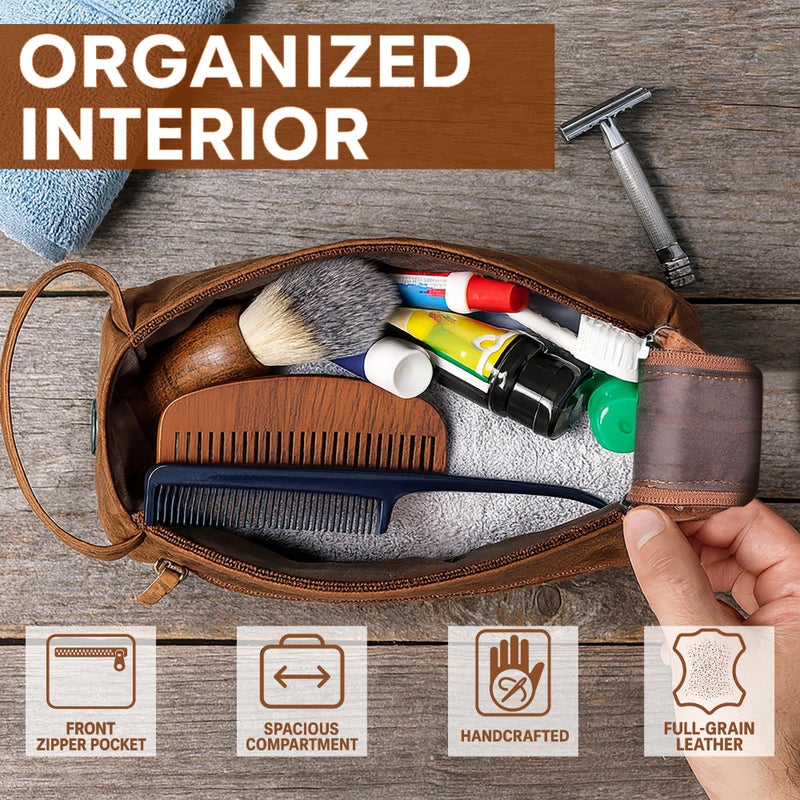 Rustic Town Leather Toiletry Bag â€“ Stylish & Durable Dopp Kit with Water Resistant Lining â€“ Travel Shaving Kit Organizer for Bathroom & Overnight Trips - Great Gift for Men & Women - Image 4