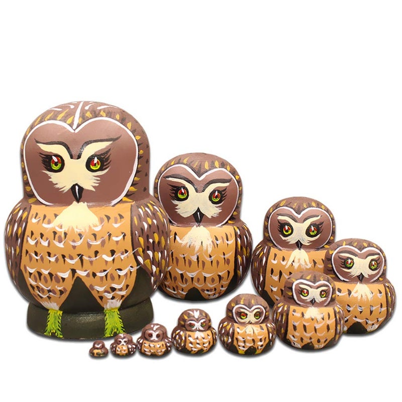 Moonmo 10pcs Brown Owl Handmade Wooden Russian Nesting Dolls Matryoshka Dolls Set - Image 3