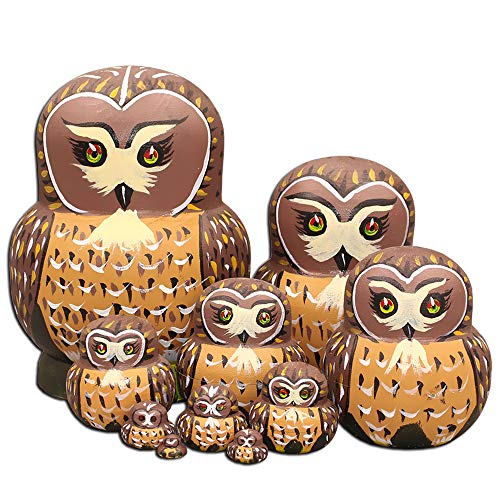 Moonmo 10pcs Brown Owl Handmade Wooden Russian Nesting Dolls Matryoshka Dolls Set - Image 5