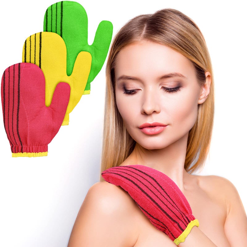 Tatuo 3 Pieces Korean Exfoliating Mitt Exfoliating Washcloth Korean Body Scrub Mitt Italy Face Shower Cloth Asian Bath Massage Mitts for Women and Men Wash Skin Deep Cleaning Red Green Yellow