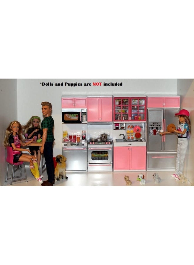PowerTRC PowerTRC Doll Kitchen Play Set, Mini Modern Toy Pink Kitchen Pretend Play Furnitures Toy Set Accessories Set with Realistic Light & Sound for Kids Toddlers Girls (4-in-1)  - Image 5