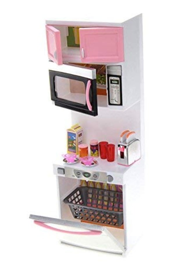 PowerTRC PowerTRC Doll Kitchen Play Set, Mini Modern Toy Pink Kitchen Pretend Play Furnitures Toy Set Accessories Set with Realistic Light & Sound for Kids Toddlers Girls (4-in-1)  - Image 4