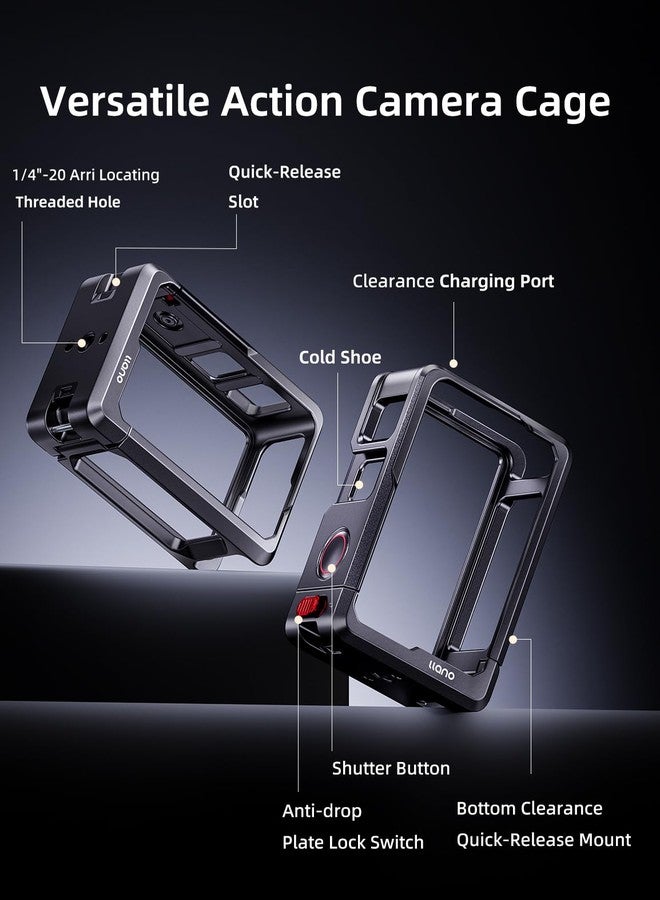 Llano Action Camera Cage For Dji Osmo 6/Action 5 Pro/Action 4 / 3, Cnc Aluminum Protective Frame, Compatible With Mic & Magnetic Base, Cold Shoe + 1/4"-20 Mounts, Ultra-Light 57G - Image 2
