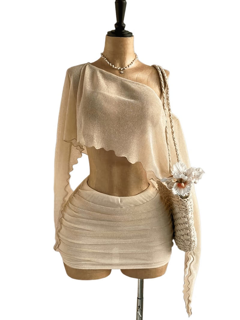Women's Summer New Sexy Vacation Sheer Asymmetrical Off-Shoulder Long Sleeve Top And Solid Pleated Half Skirt 2pcs Set, Suitable for Beach Vacation, P - Image 1