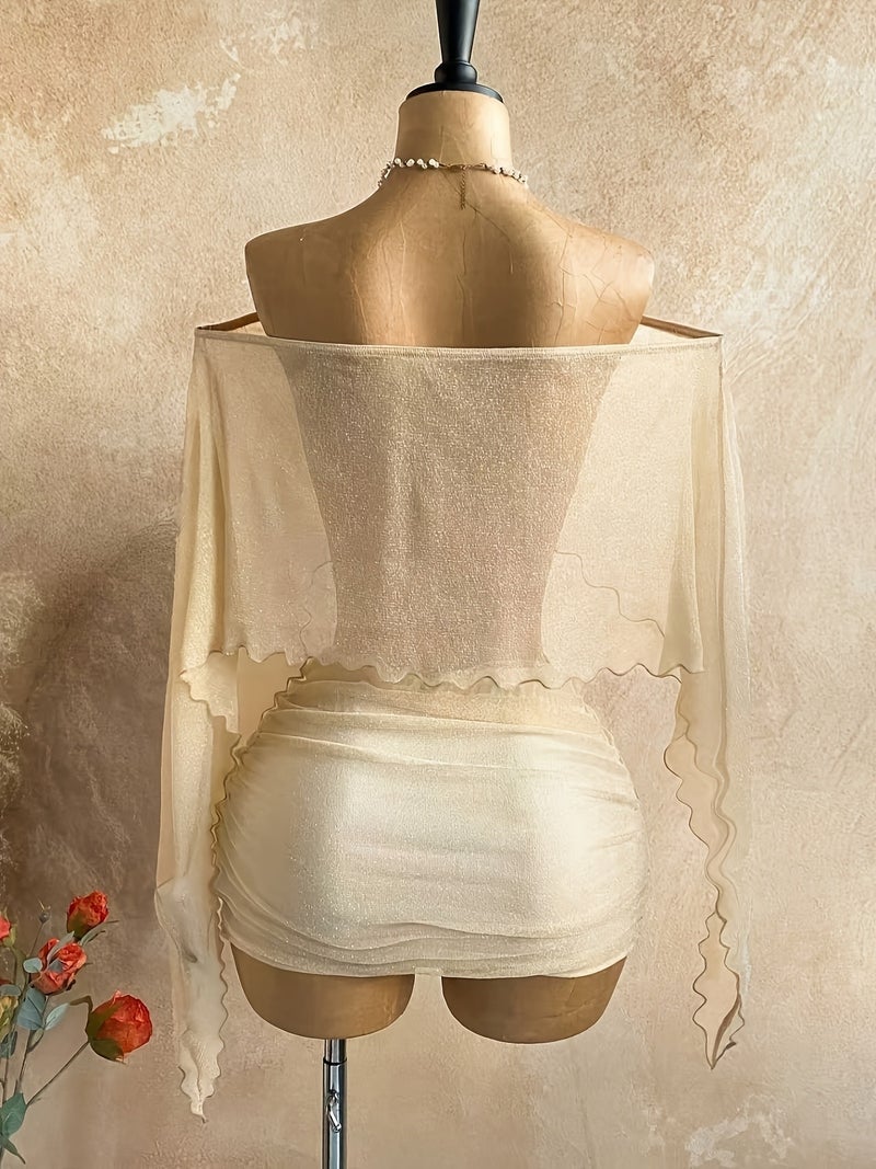 Women's Summer New Sexy Vacation Sheer Asymmetrical Off-Shoulder Long Sleeve Top And Solid Pleated Half Skirt 2pcs Set, Suitable for Beach Vacation, P - Image 4