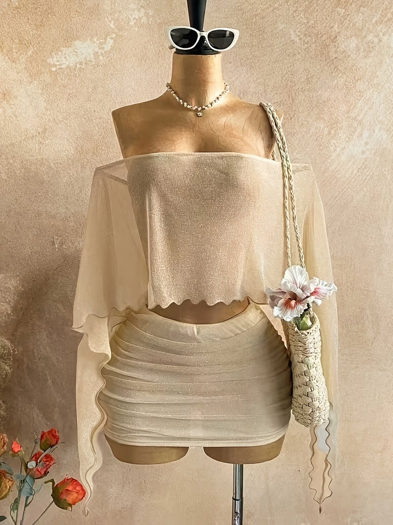 Women's Summer New Sexy Vacation Sheer Asymmetrical Off-Shoulder Long Sleeve Top And Solid Pleated Half Skirt 2pcs Set, Suitable for Beach Vacation, P - Image 3