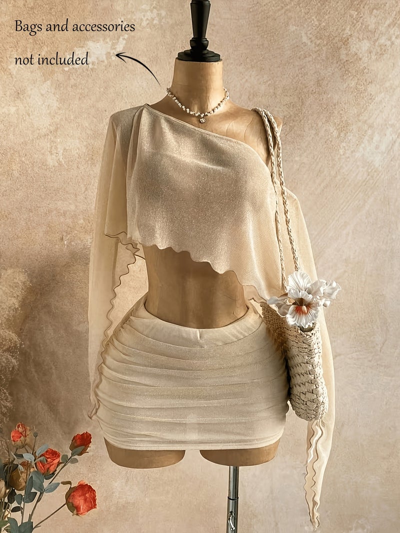 Women's Summer New Sexy Vacation Sheer Asymmetrical Off-Shoulder Long Sleeve Top And Solid Pleated Half Skirt 2pcs Set, Suitable for Beach Vacation, P - Image 2
