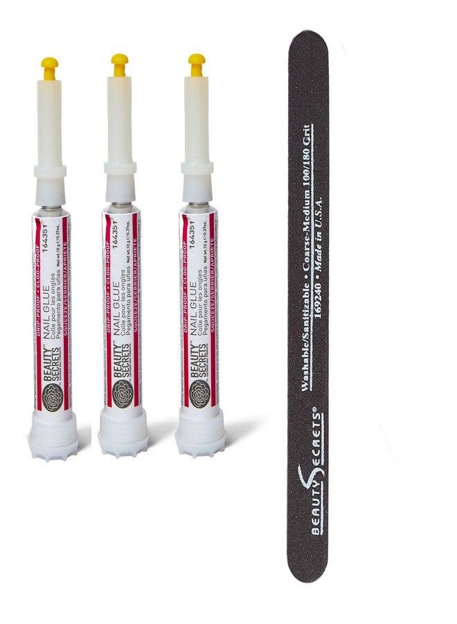Beauty Secrets Drip & Clog Proof Nail Glue (3 Pack) Bundled with Nail File Black Cushion Medium Coarse 180/100 Grit by Beauty Secrets - Image 1