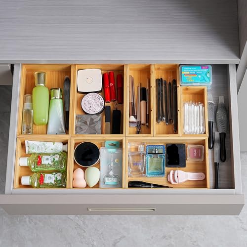 Fabsome Drawer Organizer, Set of 9 Bamboo Wood Kitchen Makeup Desk Junk Tea Drawer Storage Boxes Bins for Cutlery Silverware Utensils Flatware, Small Wooden Container Tray for Bathroom, Office - Image 2