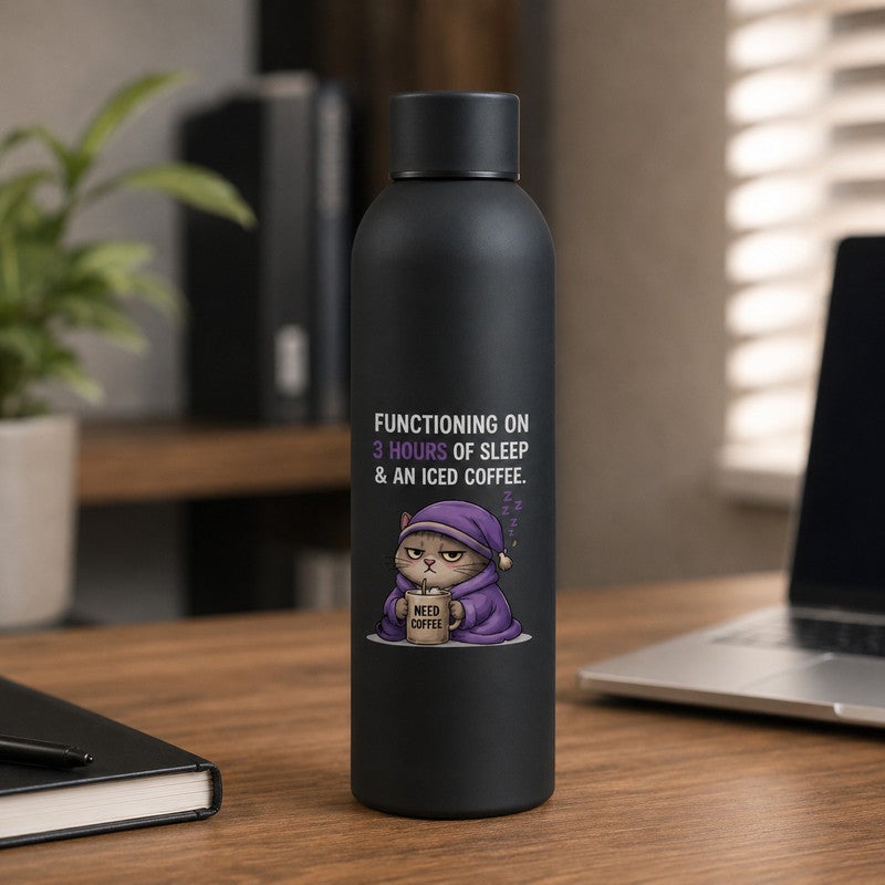 Stainless Steel Thermal Flask, "Functioning on 3 Hours of Sleep & an Iced Coffee" Funny Sleepy Cat Print, Leak-Proof Insulated Water Bottle, Hot & Cold, 500 ml