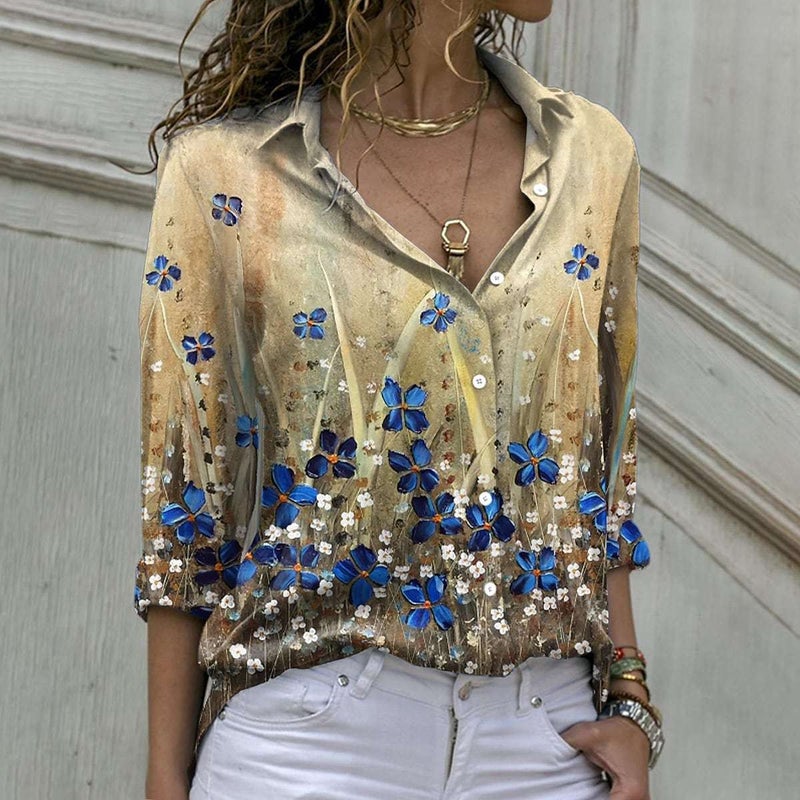 Women's Long Sleeve Floral Print Turn-down Collar Blouse - Image 5
