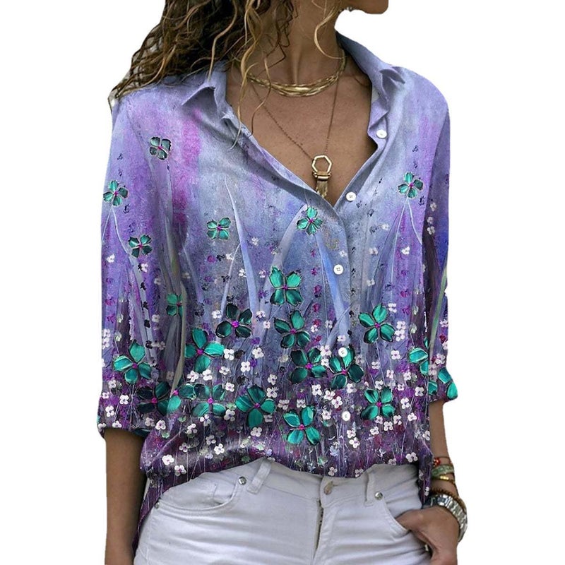 Women's Long Sleeve Floral Print Turn-down Collar Blouse - Image 3