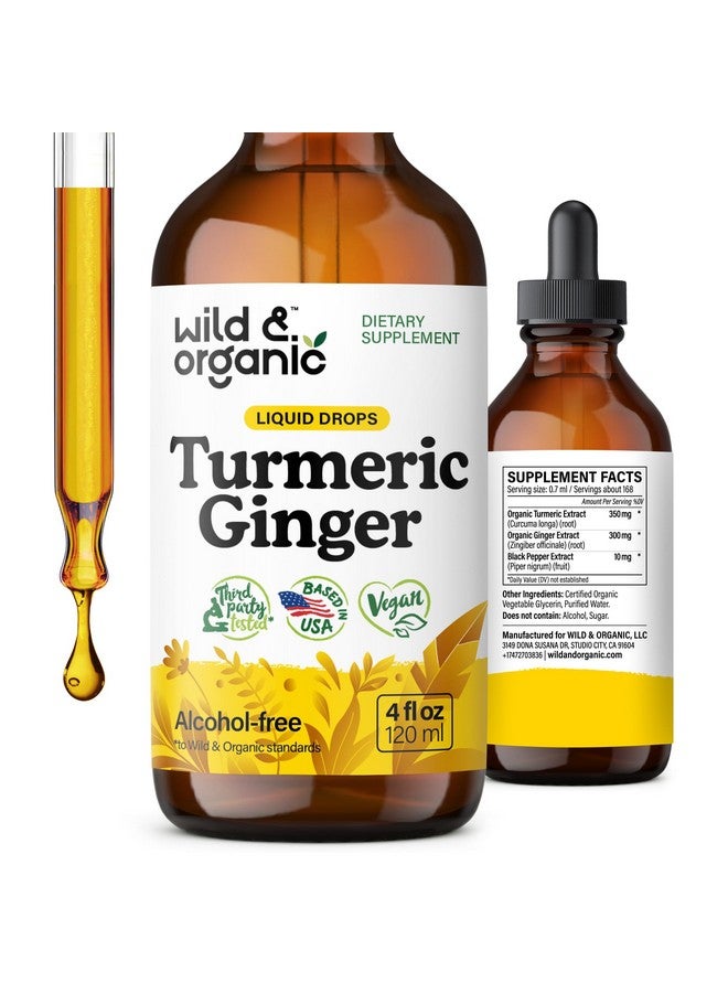 وايلد اند اورجانيك قطرات مكملات الكركم والزنجبيل العضوية والبري - دعم المفاصل والمناعة - كركمين سائل بالكركم والفلفل الأسود والزنجبيل - مكمل الكركمين - صبغة نباتية وخالية من السكر والكحول - 4 أونصة - Image 1