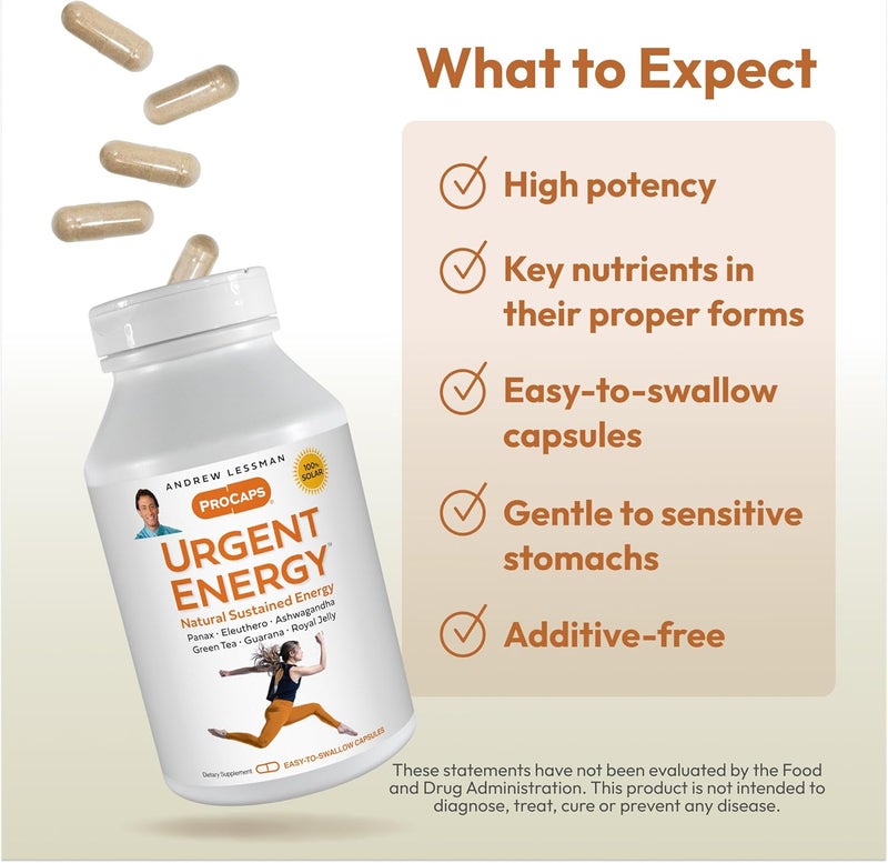 ANDREW LESSMAN Urgent Energy 30 Capsules  Provides a Safe Healthy Means of Enhancing Energy Levels and Feelings of WellBeing Green Tea Guarana Ginseng Royal Jelly Ashwagandha BComplex - Image 4