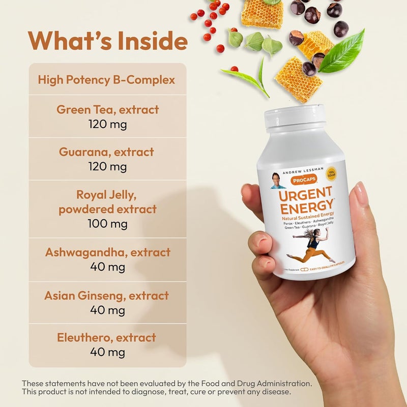 ANDREW LESSMAN Urgent Energy 30 Capsules  Provides a Safe Healthy Means of Enhancing Energy Levels and Feelings of WellBeing Green Tea Guarana Ginseng Royal Jelly Ashwagandha BComplex - Image 3