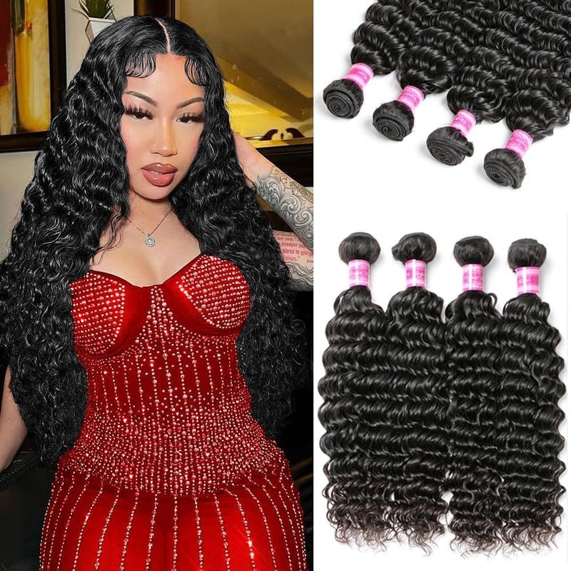 Brazilian Deep Curly Human Hair Bundles 10A Grade 100 Unprocessed Virgin Real Human Hair Natural Weave Full and Thick Deep Wave Hair Bundles for Black Women 20 22 24 26 Inch